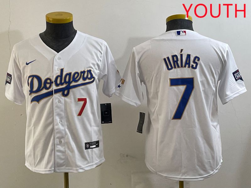 Youth Los Angeles Dodgers #7 Urias White Gold 2025 Nike MLB Jersey style 1